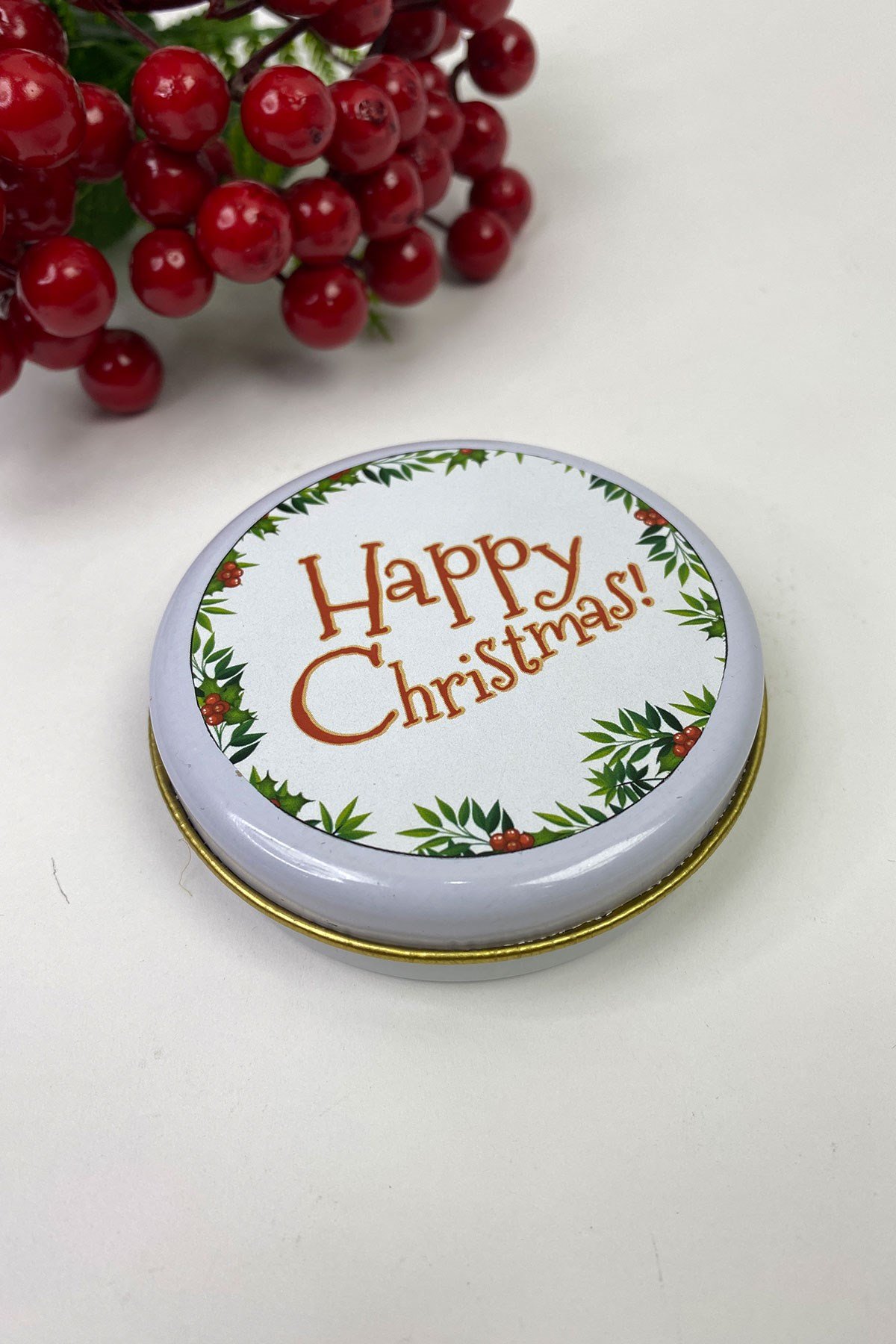 Yuvarlak Teneke Kutu Beyaz Happy Christmas Baskılı