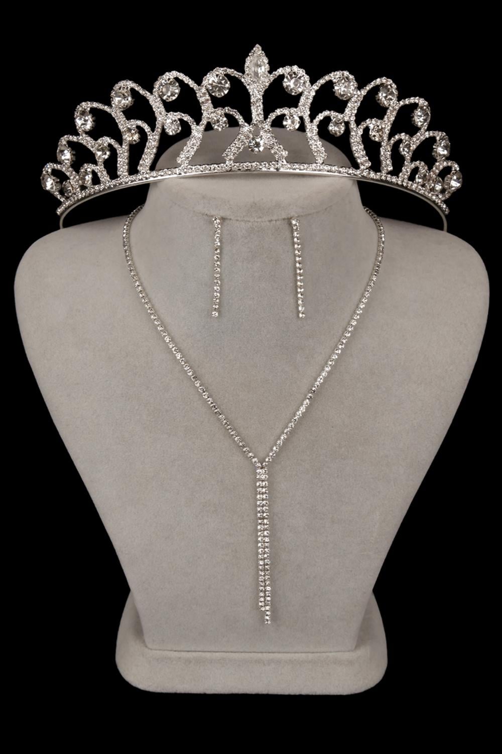 Elegant Waterway Crystal Stone Evening Dress Necklace Earring Set and Rose Bridal Crown