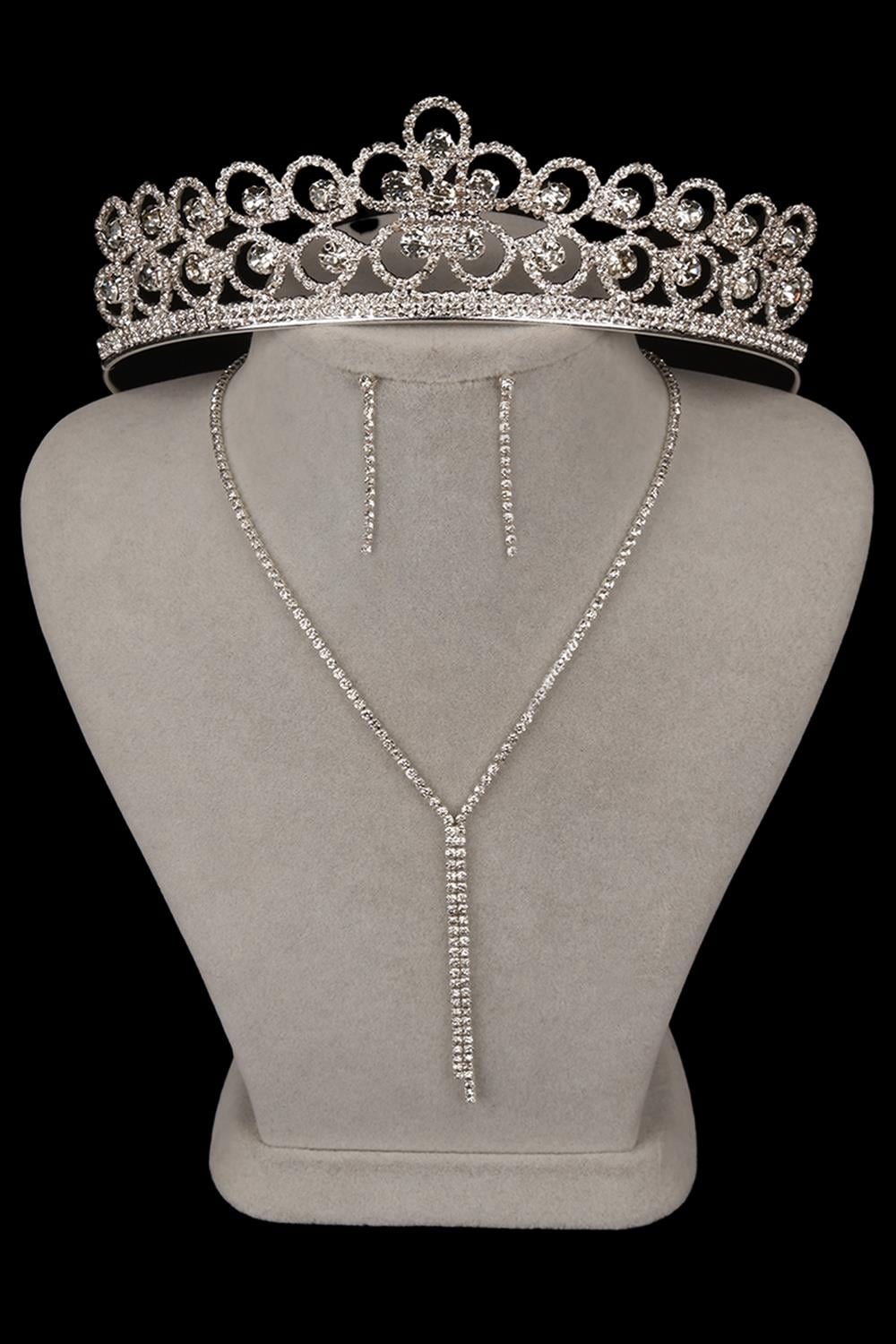 Elegant Waterway Crystal Stone Evening Dress Necklace Earring Set Flower Bridal Crown
