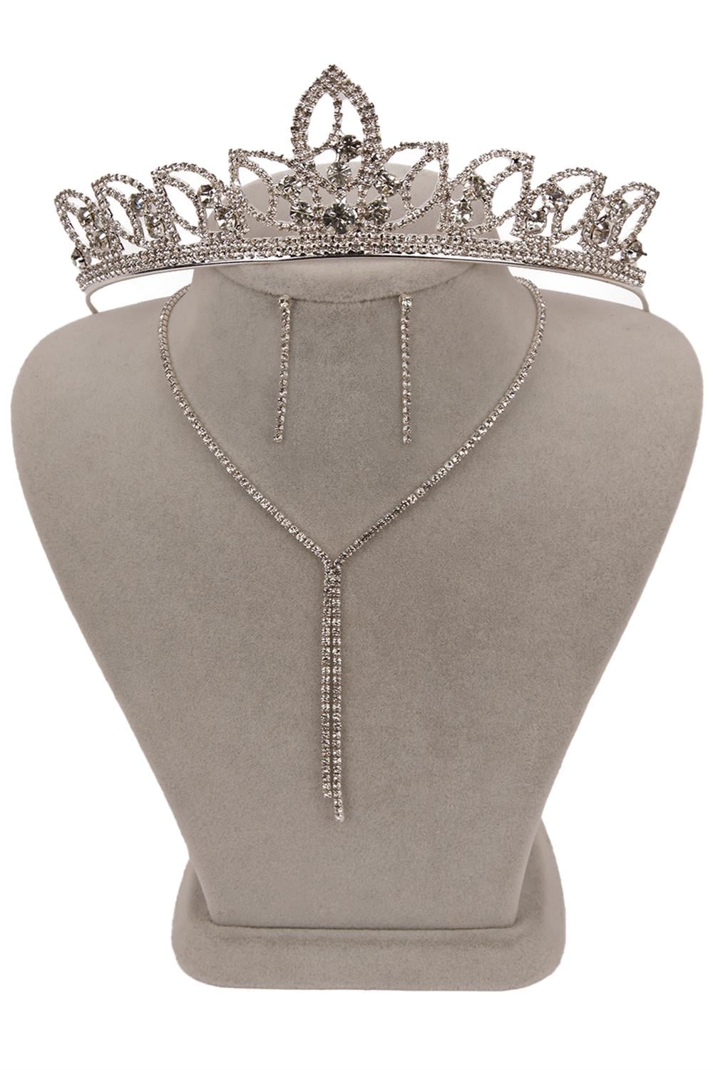 Elegant Waterway Crystal Stone Evening Dress Necklace Earring Set and Leaf Bridal Crown