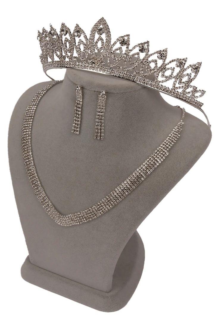 Elegant and Simple Evening Necklace and Earring Set with Gemstones and Delicate Leaf Bridal Tiara