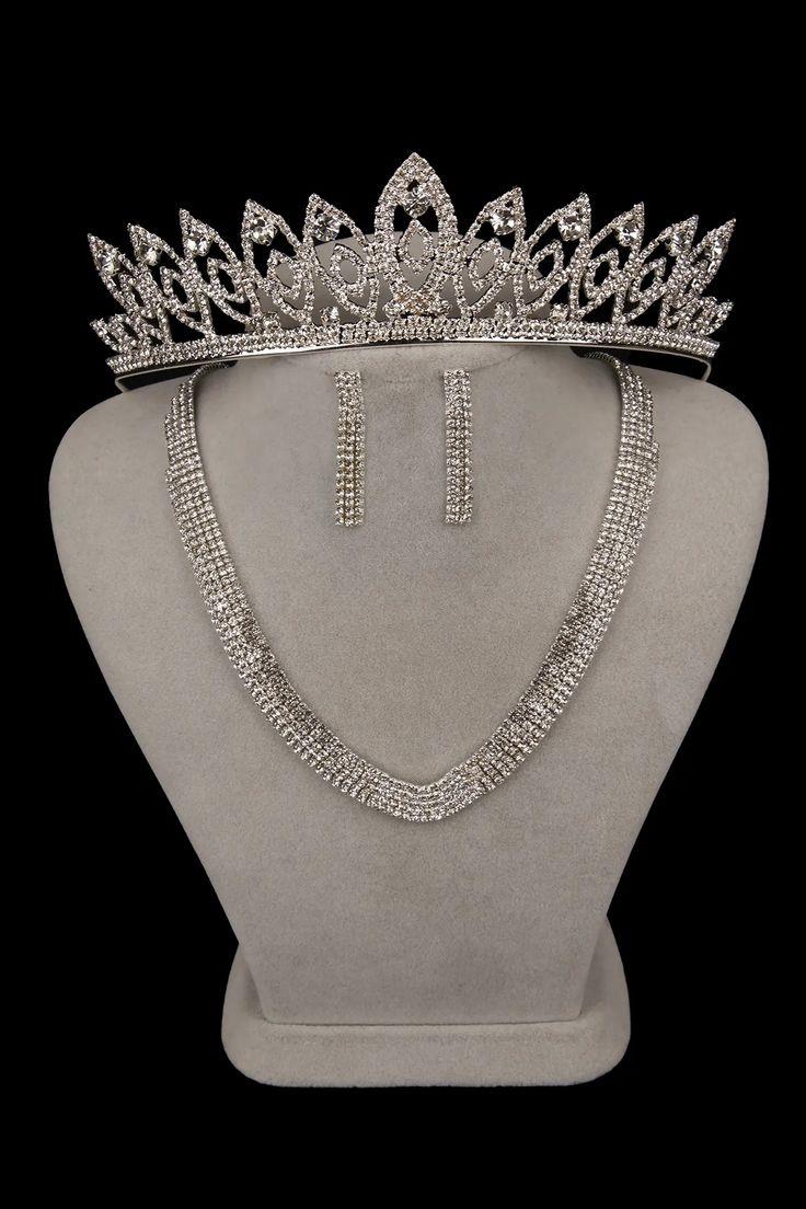 Elegant and Simple Evening Necklace and Earring Set with Gemstones and Delicate Leaf Bridal Tiara