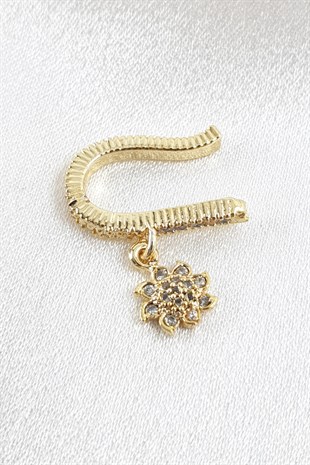  Gold Çiçekli Taş Detaylı Kıkırdak Küpe