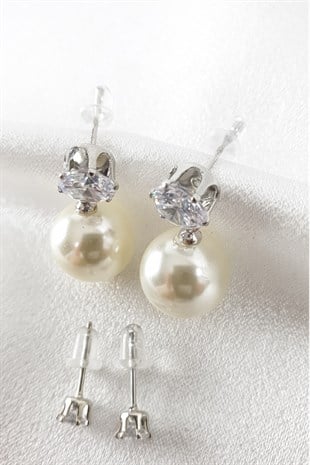  Gümüş Taşlı İncili Çoklu Küpe