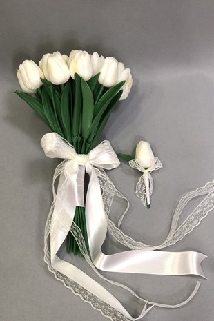  Laleli Gelin Buketi Damat Yaka Çiçeği ve Takı Kurdelesi 