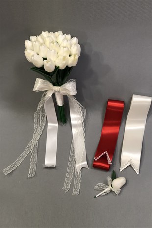  Laleli Gelin Buketi Damat Yaka Çiçeği ve Takı Kurdelesi 