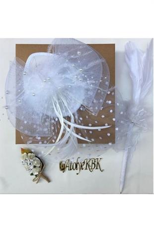 3lü Set Beyaz Puantiyeli İncili Gelin Kepi Nikah Şapkası Vualet Damat Yaka Çiçeği Ve Tüylü Kalem