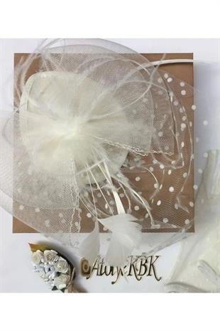 3lü Set Ekru Puantiyeli Gelin Kepi Nikah Şapkası Vualet Damat Yaka Çiçeği Ve Tüylü Kalem