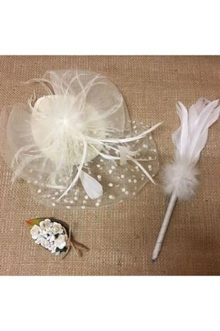 3lü Set Ekru Puantiyeli Gelin Kepi Nikah Şapkası Vualet Damat Yaka Çiçeği Ve Tüylü Kalem