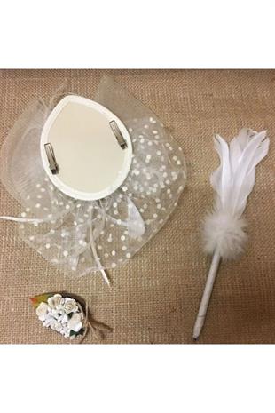 3lü Set Ekru Puantiyeli Gelin Kepi Nikah Şapkası Vualet Damat Yaka Çiçeği Ve Tüylü Kalem