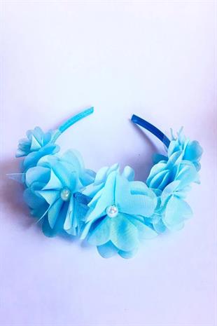 Womens White Pearl Crown 7 Flower Baby Blue Satin Coated Girl Child Frida Party and Special Day Crown