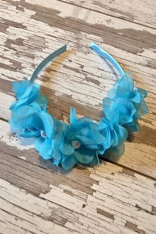 Womens White Pearl Crown 7 Flower Baby Blue Satin Coated Girl Child Frida Party and Special Day Crown