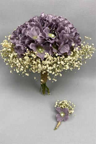 Açık Mor Ortanca ve Krem Cipsolu Gelin Buketi Damat Yaka Çiçeği