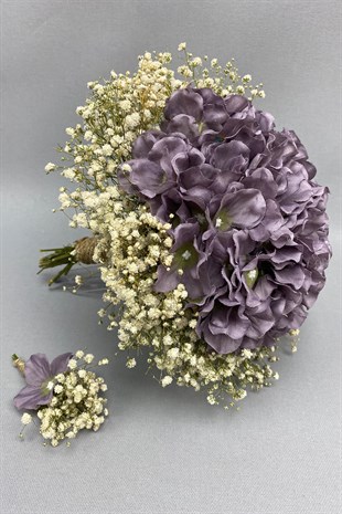 Açık Mor Ortanca ve Krem Cipsolu Gelin Buketi Damat Yaka Çiçeği
