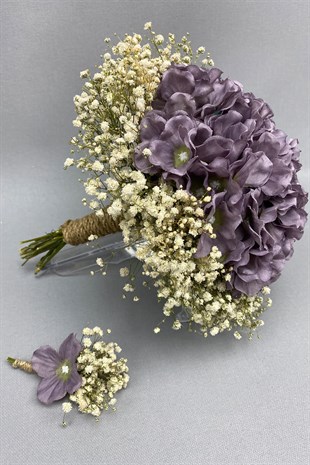 Açık Mor Ortanca ve Krem Cipsolu Gelin Buketi Damat Yaka Çiçeği