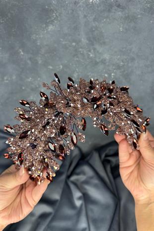 Açık Mürdüm Elena Yoğun Boncuk İşlemeli Gelin Tacı Saç Ve Türban Aksesuarı