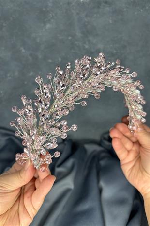Açık Pembe Elisa Boncuklu Gelin Kına Tacı Saç Ve Türban Aksesuarı