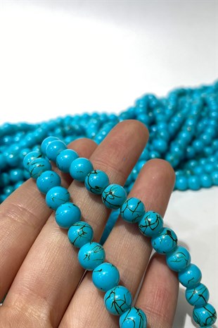 Açık Turkuaz Desenli Dizi Cam Boncuk 8 mm