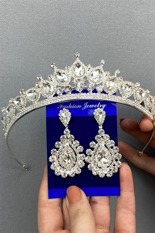 Ade Model Gelin Tacı ve Damla Küpe Seti