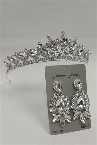 Ade Model Gelin Tacı Ve Mekik Damla Taşlı Küpe