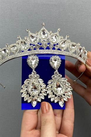 Ade Model Gelin Tacı ve Mekik Küpe Seti