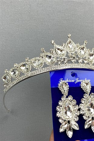 Ade Model Gelin Tacı ve Yaprak Küpe Seti