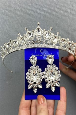 Ade Model Gelin Tacı ve Yaprak Küpe Seti