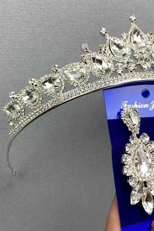 Ade Model Gelin Tacı ve Yaprak Küpe Seti