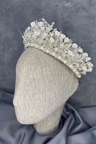 Agesi Yoğun İşlemeli Mineli Kristalli Gelin Tacı Saç Aksesuarı