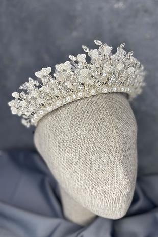 Agesi Yoğun İşlemeli Mineli Kristalli Gelin Tacı Saç Aksesuarı
