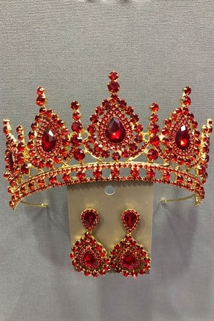 Ahu Red Bride, Henna Crown and Earring Set