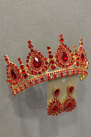 Ahu Red Bride, Henna Crown and Earring Set