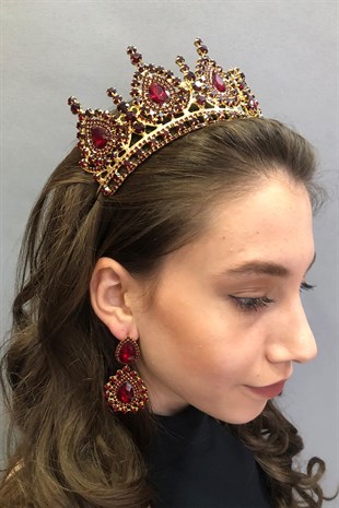 Ahu Model Claret Red Bridal Henna Tiara and Earring