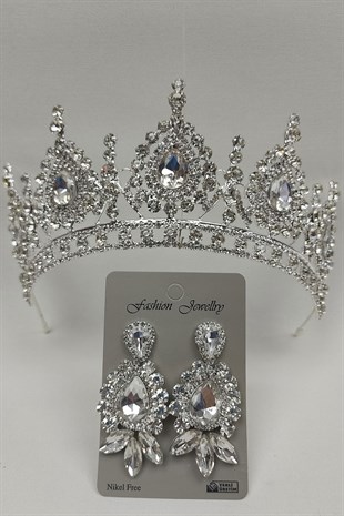 Ahu Model Bridal Crown And Shuttle Drop Stone Earrings
