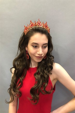 Ahu Model Red Bridal Henna Tiara and Earring