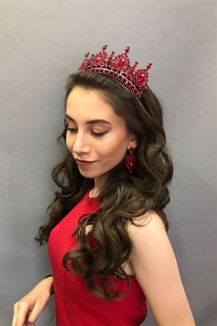 Ahu Model Kırmızı Kına Gelin Taç ve Küpesi