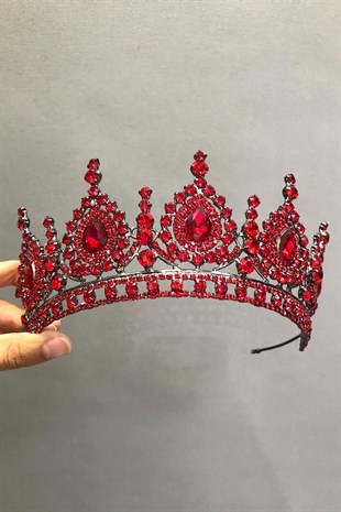 Ahu Model Kırmızı Kına Gelin Taç ve Küpesi