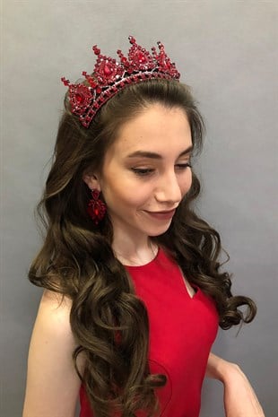 Ahu Model Kırmızı Kına Gelin Taç ve Küpesi