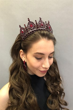 Ahu Model Koyu Kırmızı Gelin Kına Tacı ve Küpesi