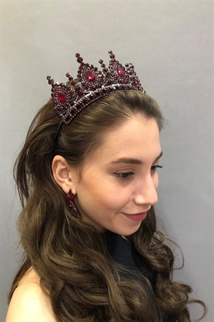 Ahu Model Koyu Kırmızı Gelin Kına Tacı ve Küpesi