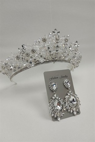 Akbahar Model Gelin Tacı Ve Damla Mekik Taşlı Küpe