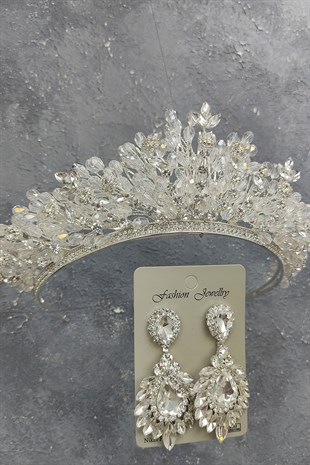 Akbahar Model Gelin Tacı Ve Damla Mekik Taşlı Küpe