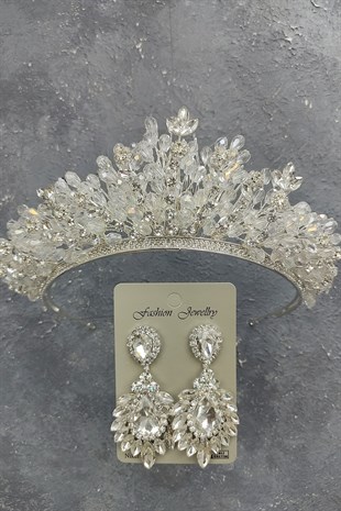 Akbahar Model Gelin Tacı Ve Damla Mekik Taşlı Küpe