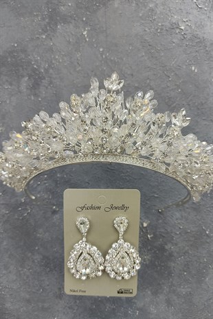 Akbahar Model Gelin Tacı Ve Damla Taşlı Küpe