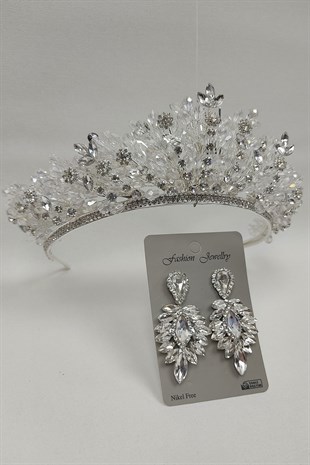 Akbahar Model Gelin Tacı Ve Damla Taşlı Küpe