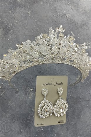 Akbahar Model Gelin Tacı Ve Damla Taşlı Küpe