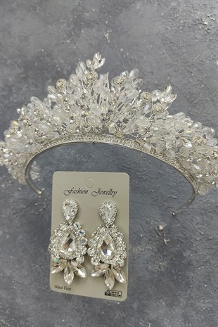 Akbahar Model Gelin Tacı Ve Mekik Damla Taşlı Küpe