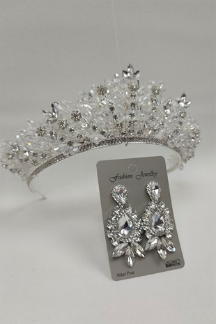 Akbahar Model Gelin Tacı Ve Mekik Damla Taşlı Küpe