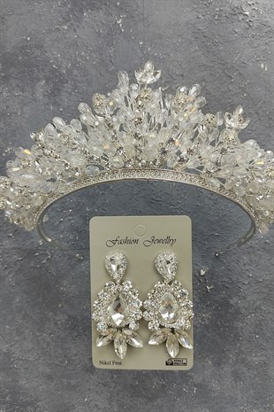 Akbahar Model Gelin Tacı Ve Mekik Damla Taşlı Küpe