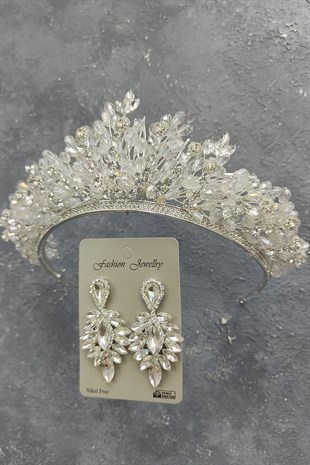 Akbahar Model Gelin Tacı Ve Mekik Taşlı Küpe